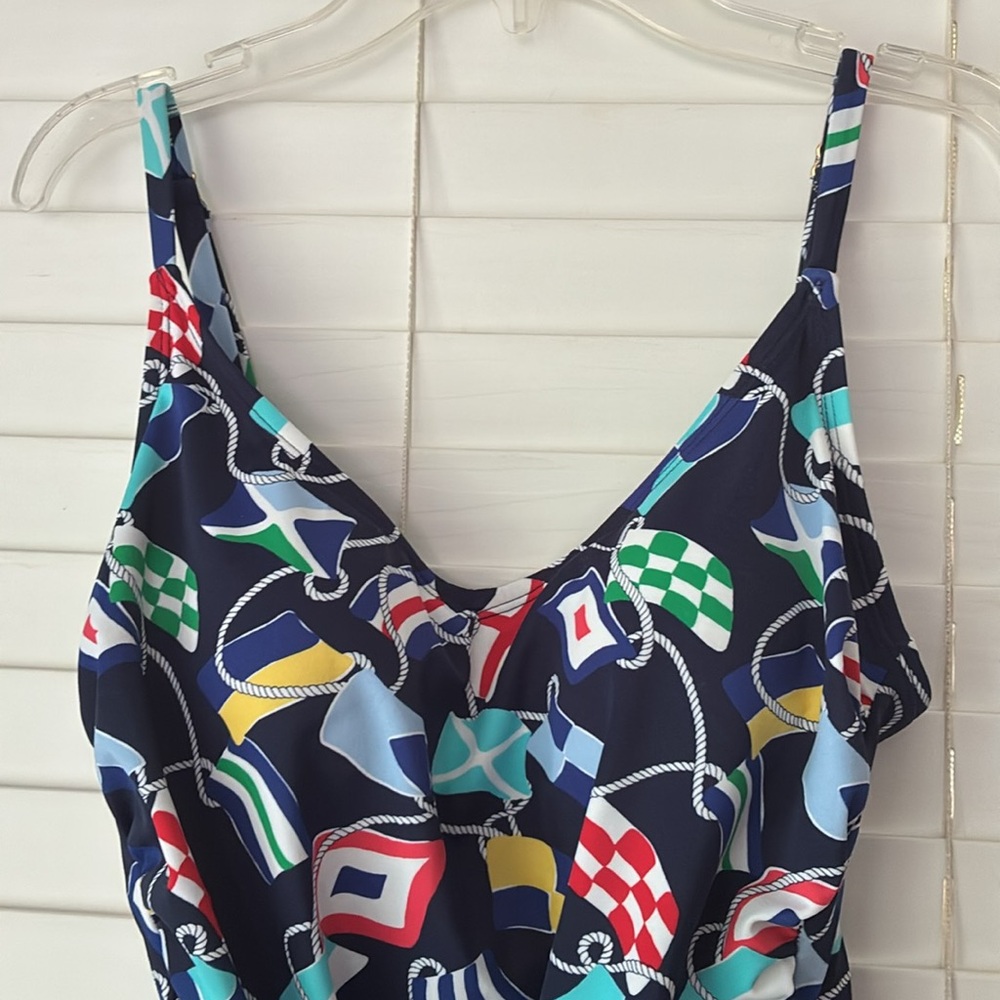 crown & ivy Swimsuit One Piece Nautical Flag Blue Red SZ L Like New! - Picture 3 of 10